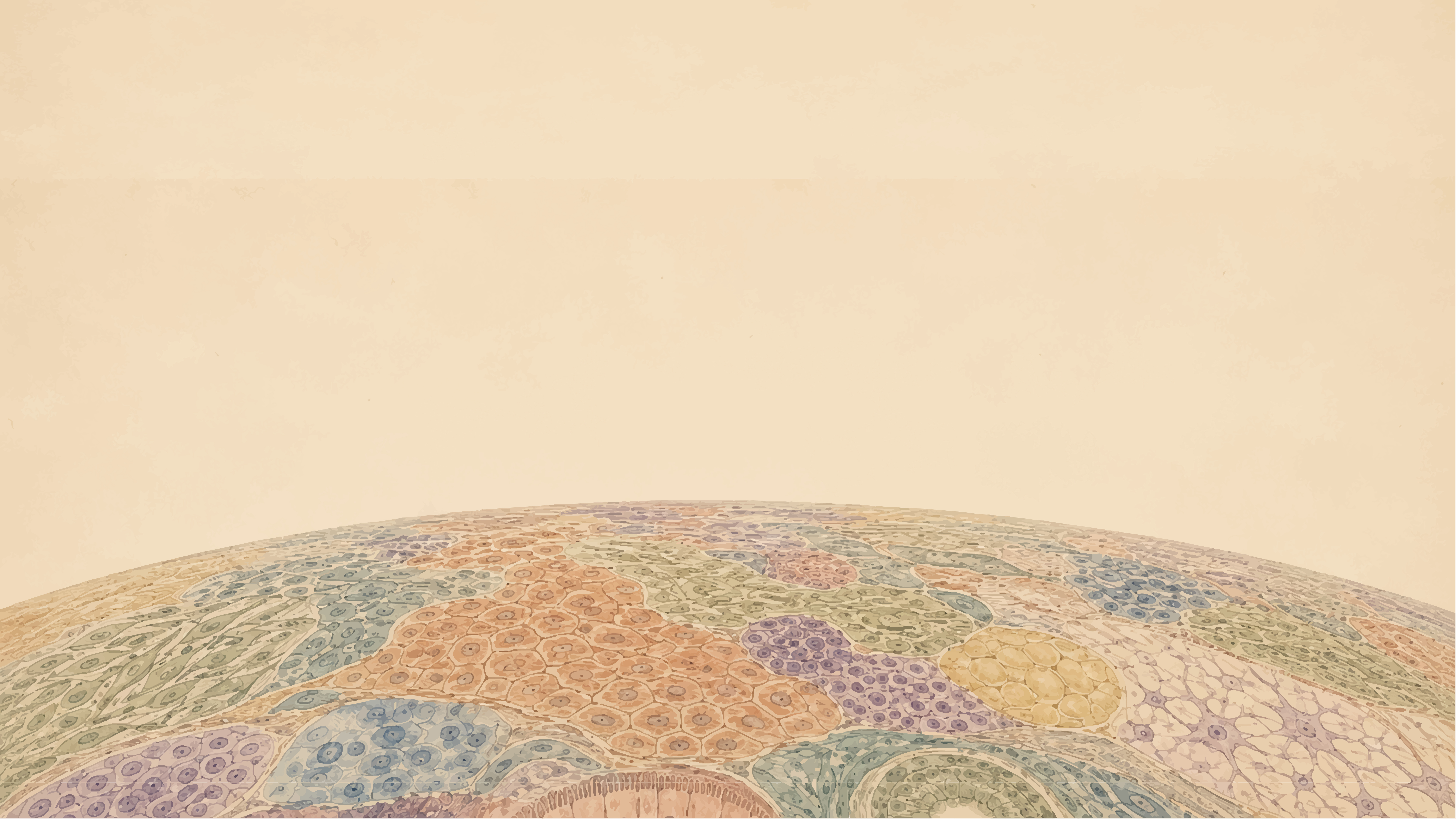 A watercolour cellular landscape curving like a planet's horizon